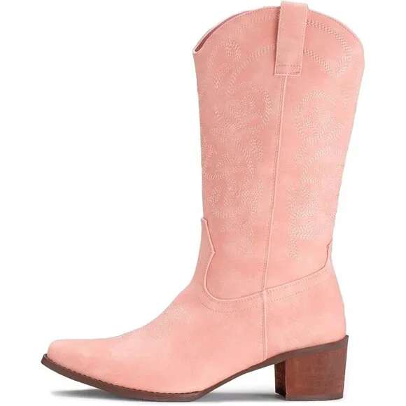 Women's Pink Pointy Toe Faux Leather Western Cowgirl Mid Calf Boots - Picture 6 of 7